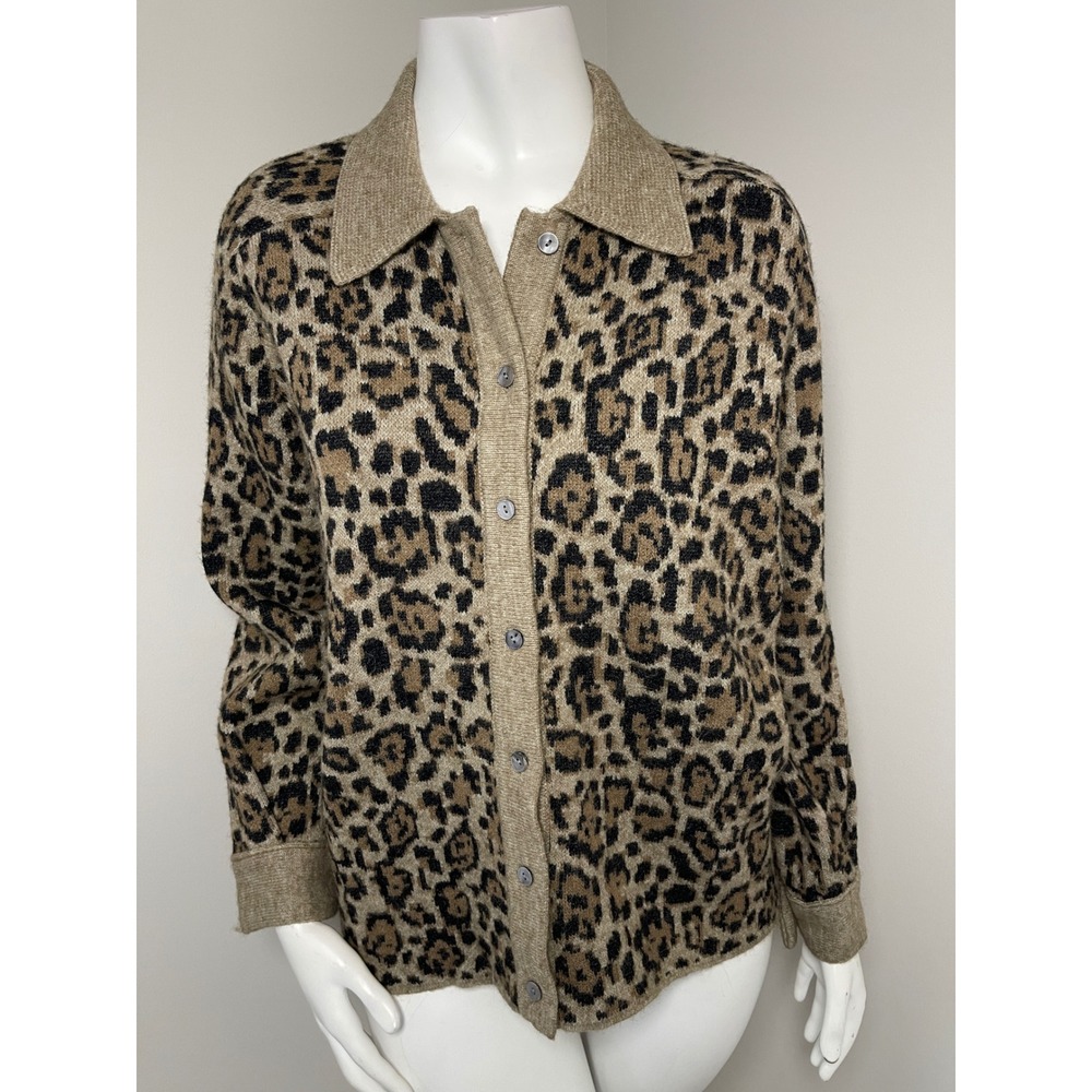 Current Air Leopard Print Collared Cardigan Sweater Tan Brown Women S